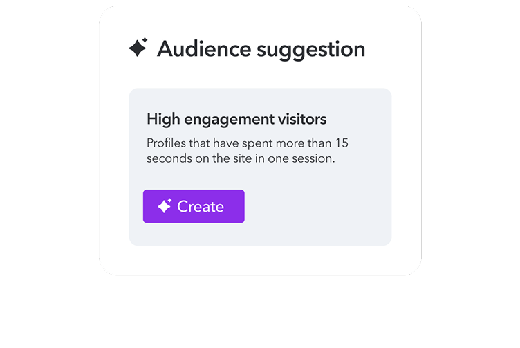 Interface showing "Audience suggestion" card with "High engagement visitors" option and purple "Create" button