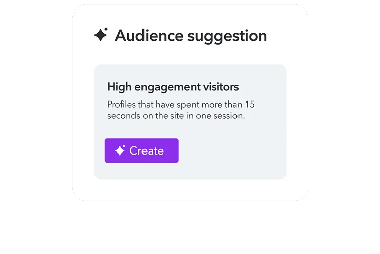 Interface showing "Audience suggestion" card with "High engagement visitors" option and purple "Create" button