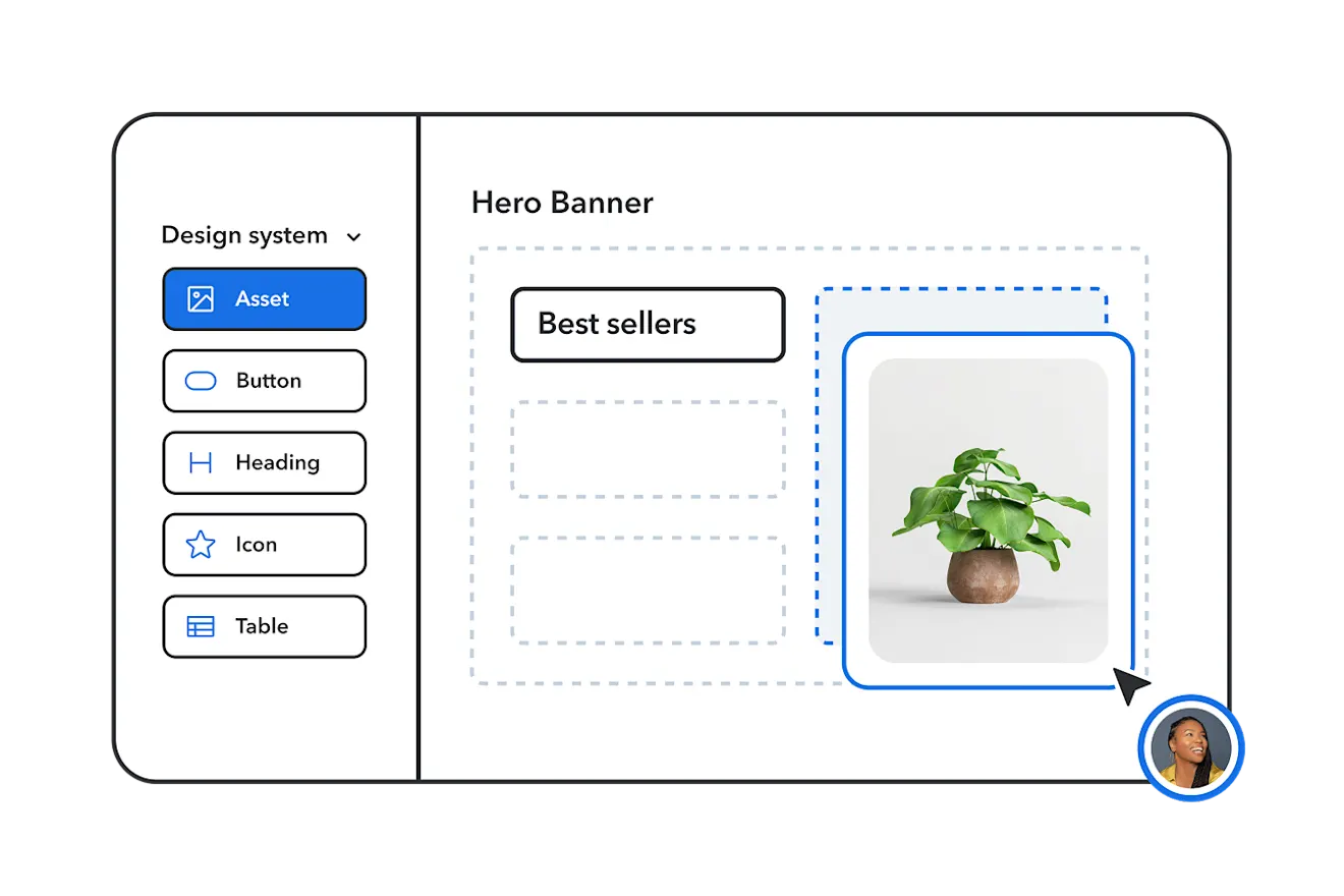 Design system interface showing a hero banner section with "Best sellers" heading and a potted plant image in a clay pot
