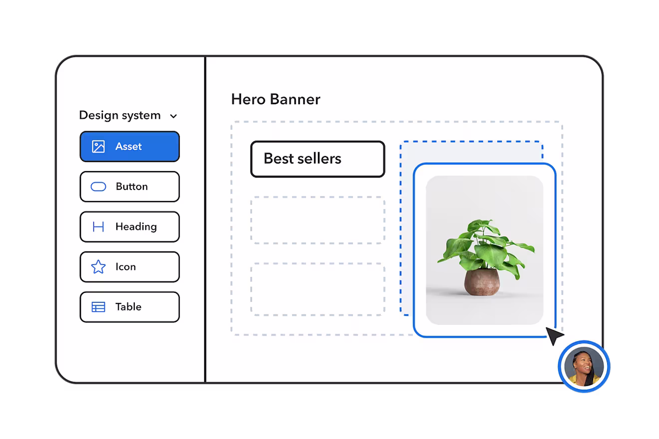 Design system interface showing a hero banner section with "Best sellers" heading and a potted plant image in a clay pot