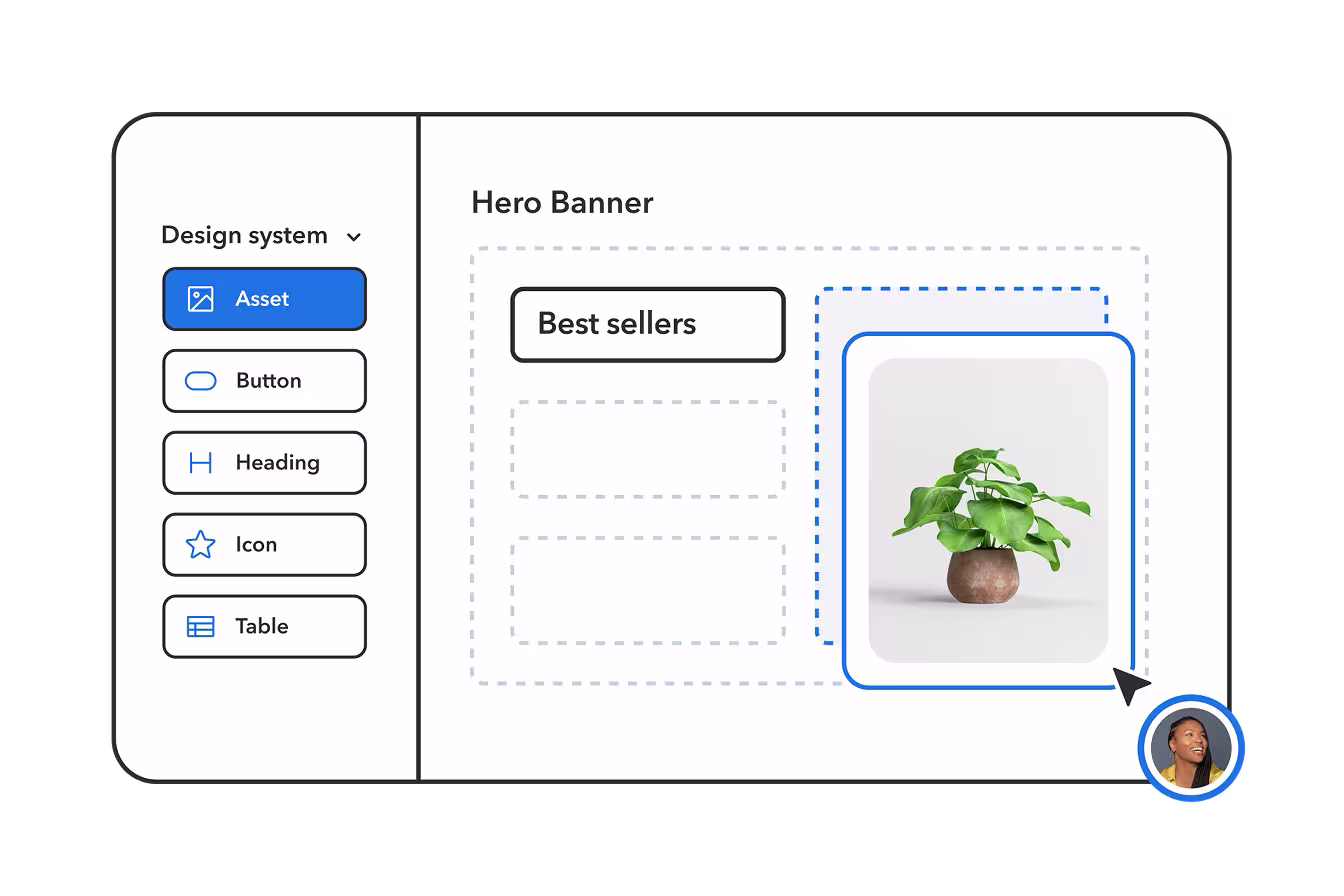 Design system interface showing a hero banner section with "Best sellers" heading and a potted plant image in a clay pot