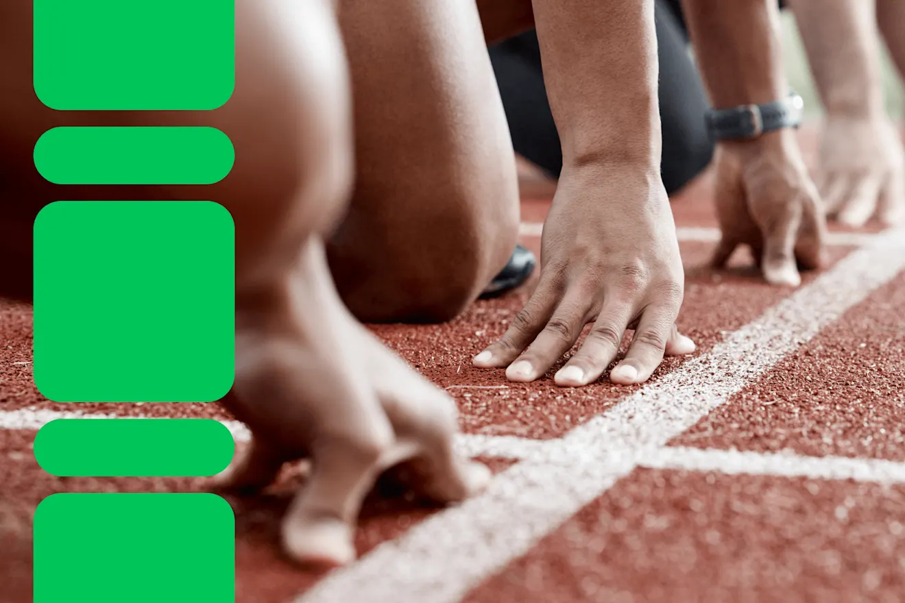 Runners' hands on a red track at the starting line, ready to race, with green graphic shapes on the left.