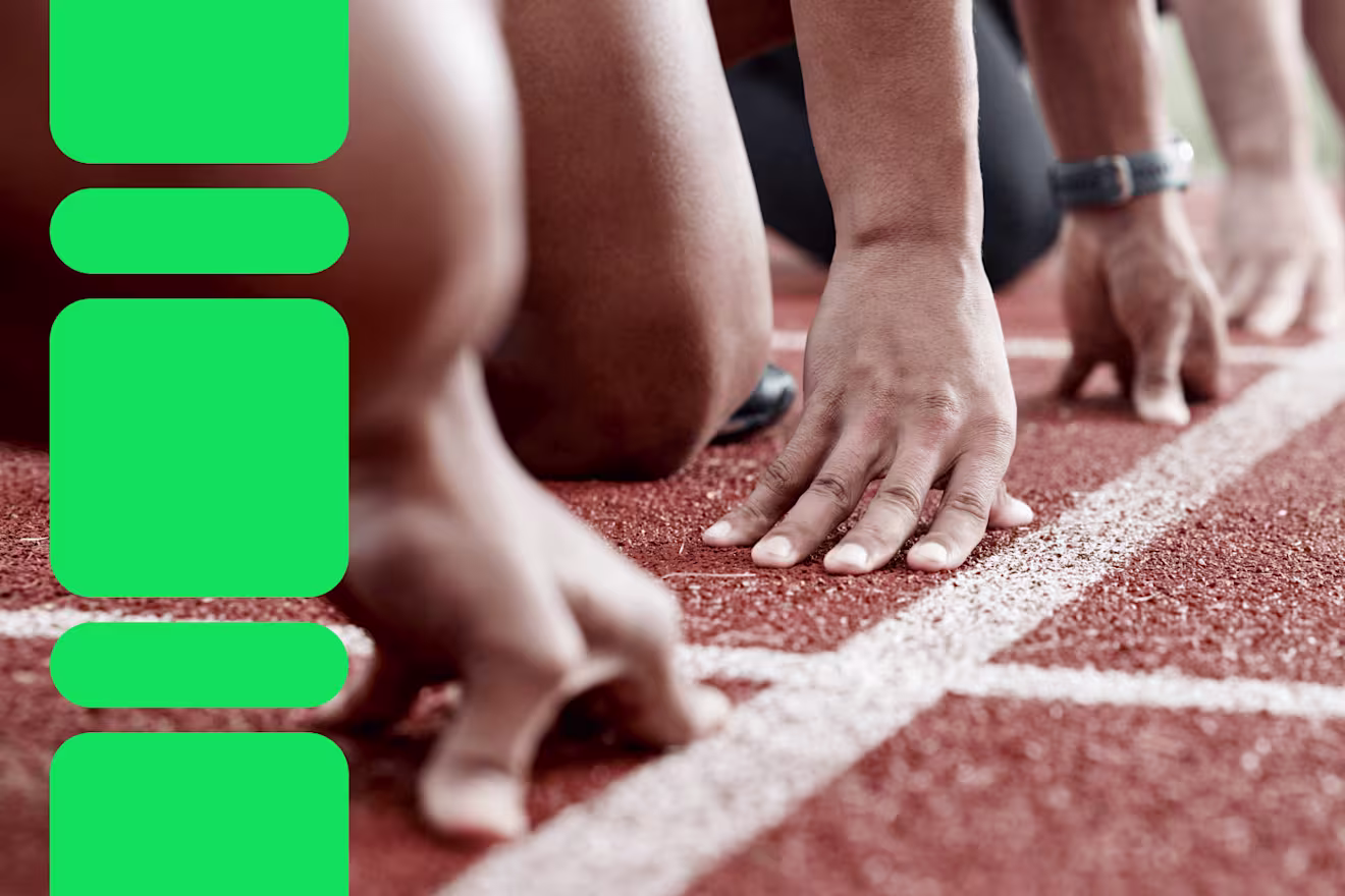 Runners' hands on a red track at the starting line, ready to race, with green graphic shapes on the left.