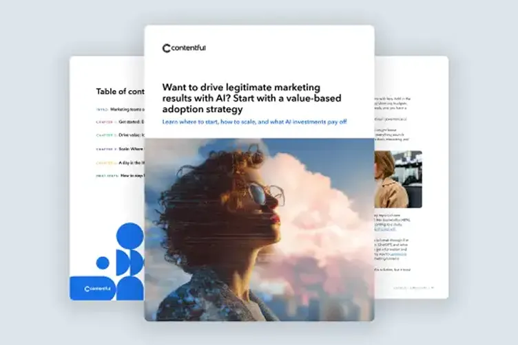 Contentful guide on AI marketing strategy, showing multiple document pages with a person wearing glasses looking up at clouds.