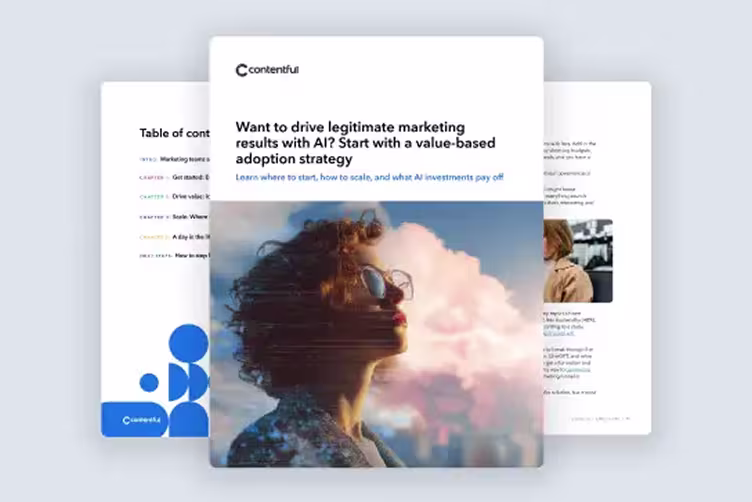 Contentful guide on AI marketing strategy, showing multiple document pages with a person wearing glasses looking up at clouds.
