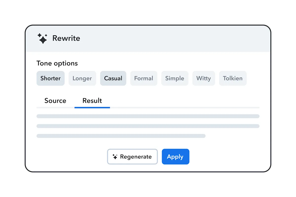 Text rewriting interface with tone options including Shorter, Longer, Casual, Formal, Simple, Witty, and Tolkien styles