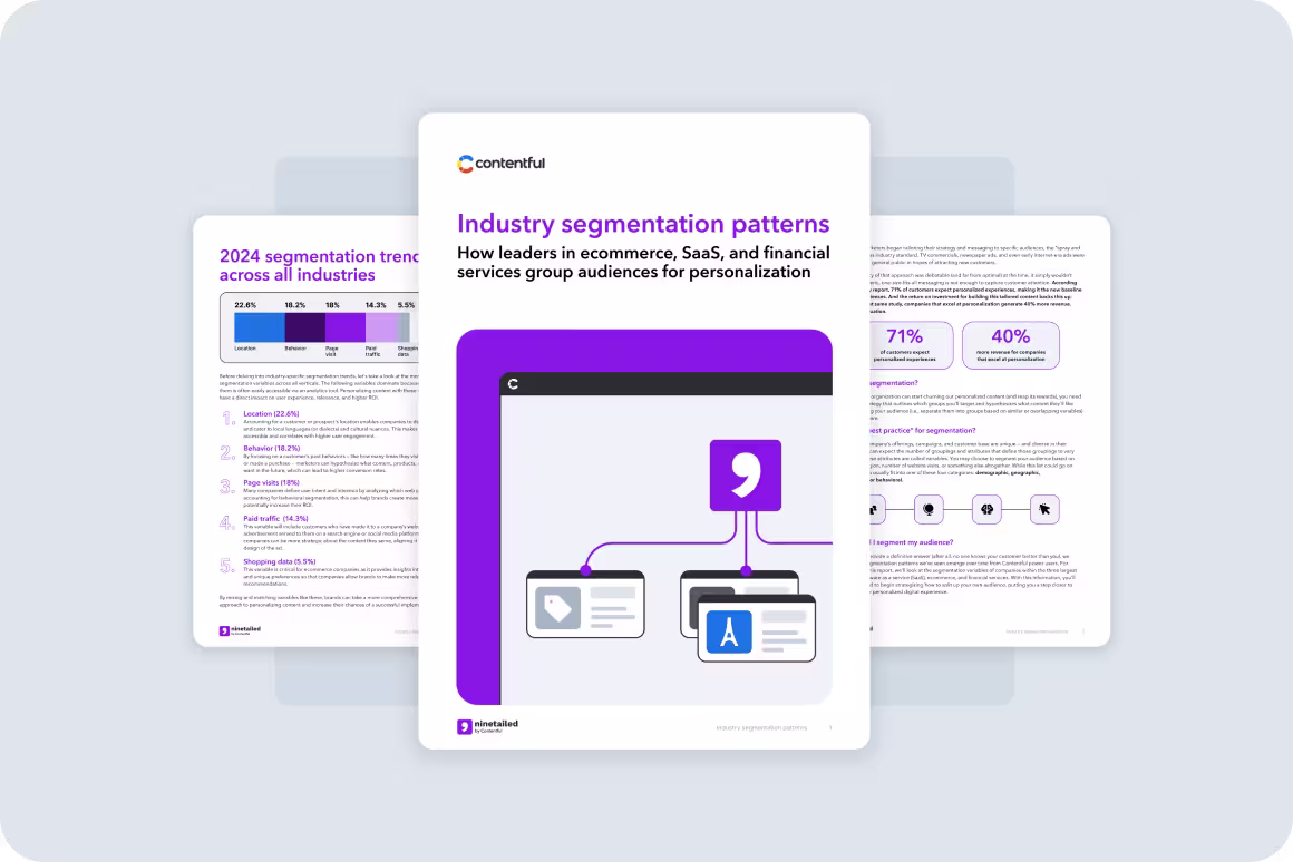 Three overlapping white cards showing industry segmentation data and patterns, with purple accents and infographic elements