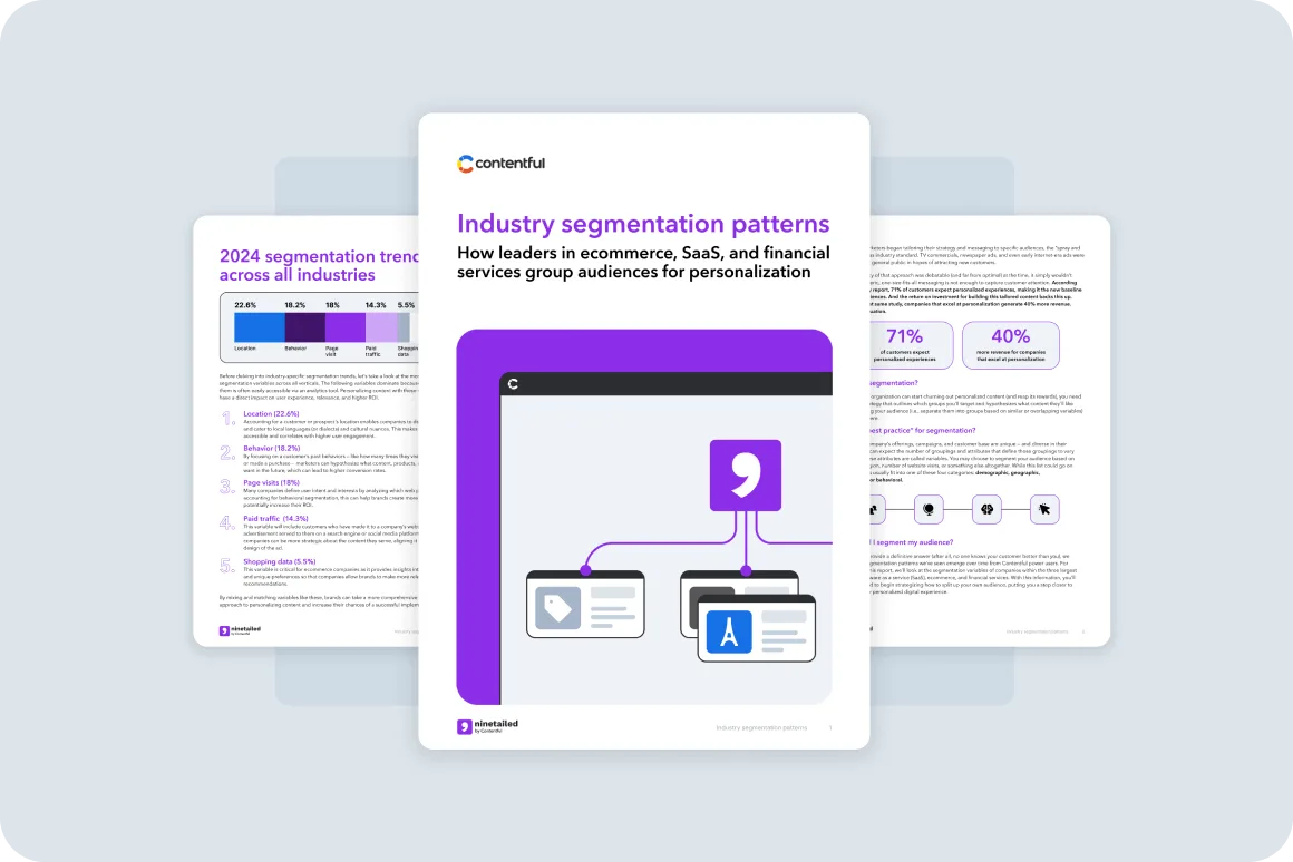 Three overlapping white cards showing industry segmentation data and patterns, with purple accents and infographic elements