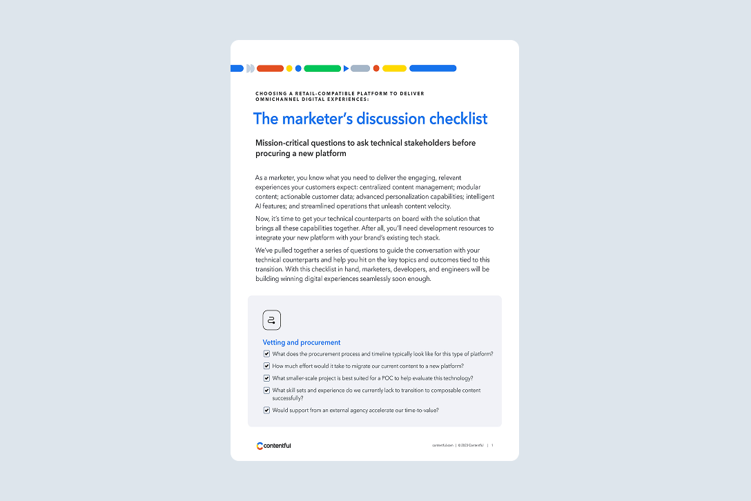 A document page showing "The marketer's discussion checklist" with procurement questions and checkboxes on a light gray background