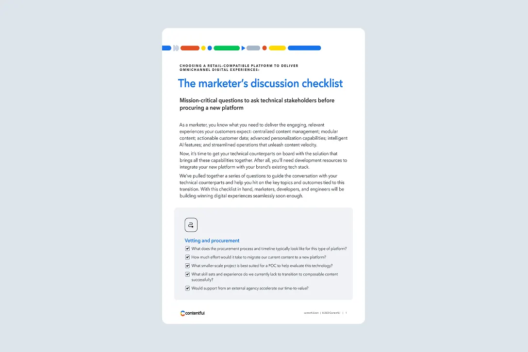 A document page showing "The marketer's discussion checklist" with procurement questions and checkboxes on a light gray background