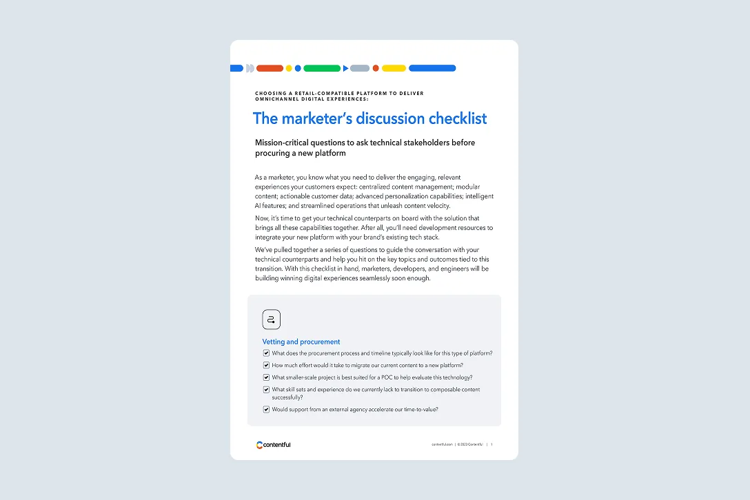 A document page showing "The marketer's discussion checklist" with procurement questions and checkboxes on a light gray background