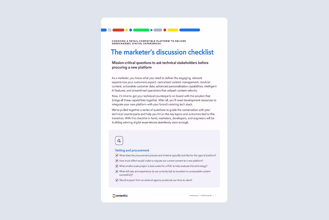 A document page showing "The marketer's discussion checklist" with procurement questions and checkboxes on a light gray background