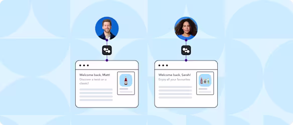 Two personalized web pages side by side welcoming back Matt and Sarah, each with its own product recommendation and profile photo above.