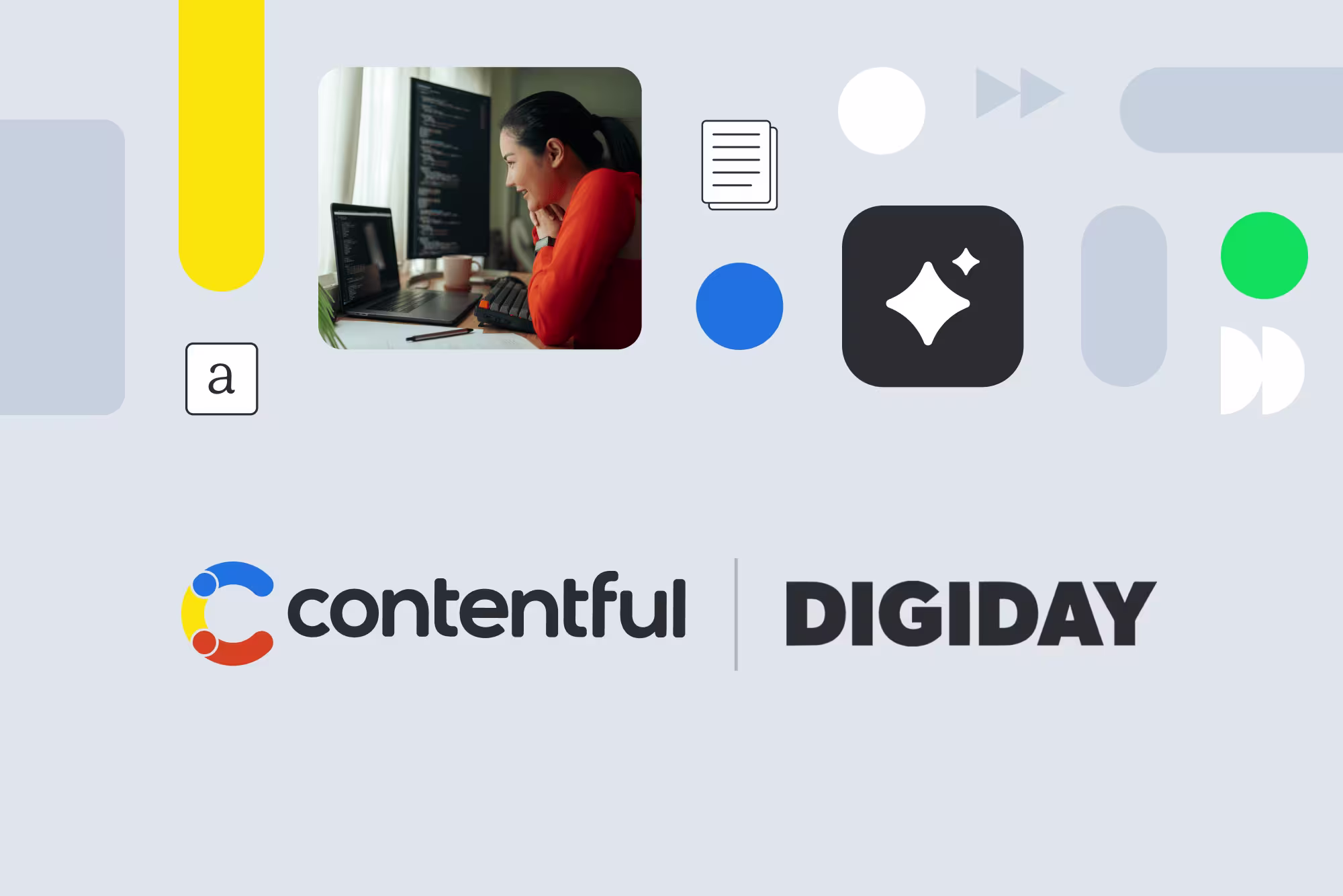 Contentful and Digiday logos with woman coding at dual monitors and colorful abstract shape collage