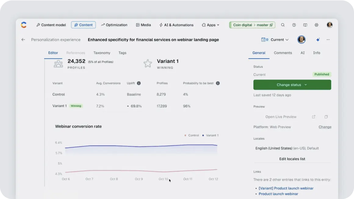 Analytics dashboard showing webinar conversion rates comparing control (4.3%) vs variant 1 (7.2%) with performance graph over time
