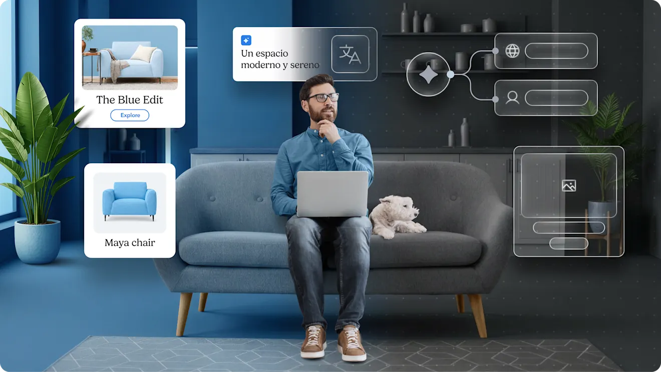 Man with laptop on gray sofa beside a dog, surrounded by AI-powered CMS UI overlays showing furniture and translation features.