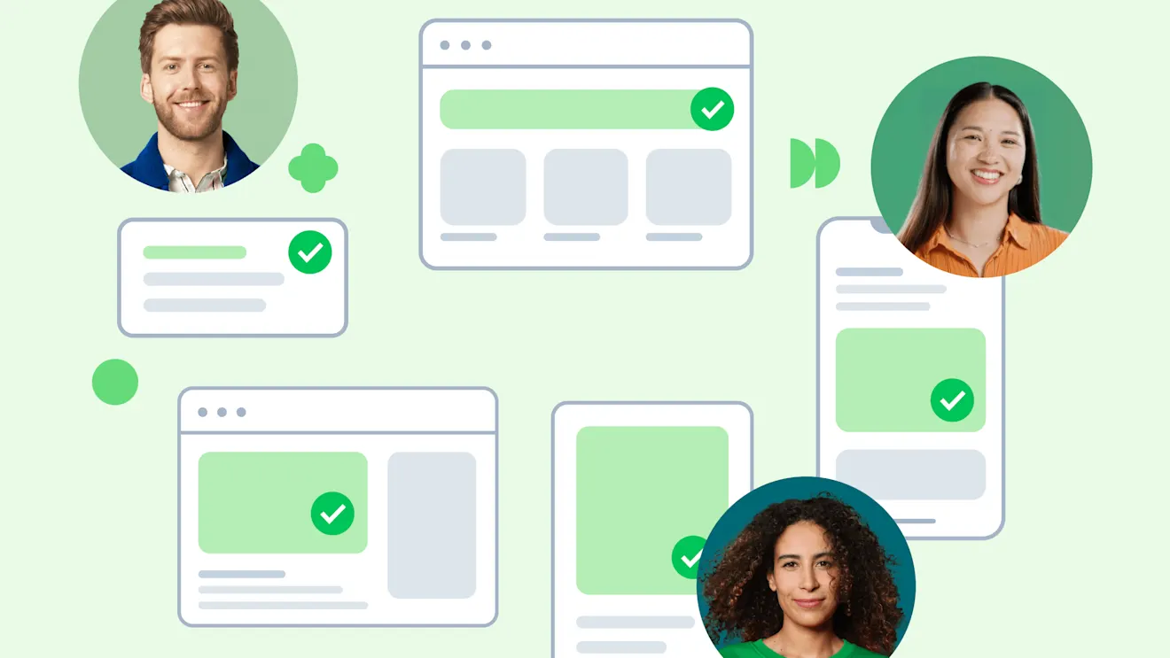 Illustration of diverse team members alongside website mockups with green checkmarks on a light green background.