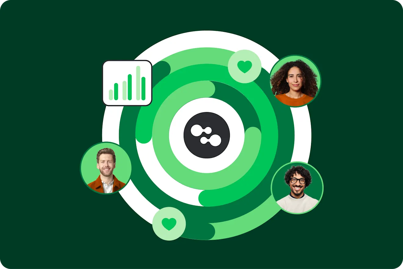 Three people's portraits orbit a central app logo on a green circular graphic, with heart icons and a bar chart.