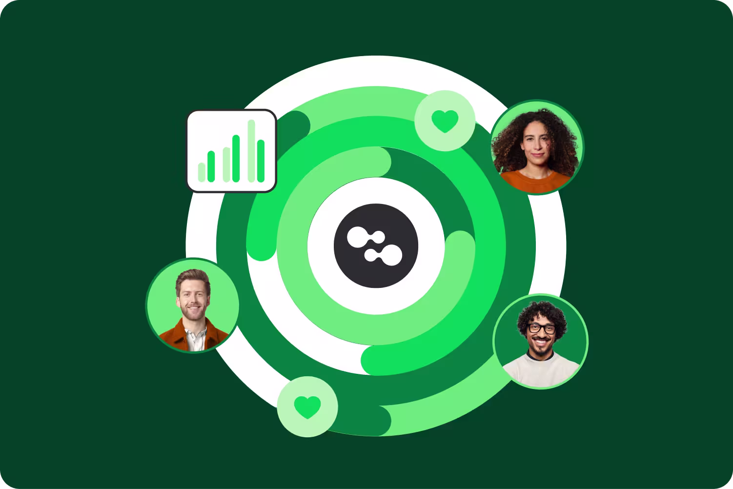 Three people's portraits orbit a central app logo on a green circular graphic, with heart icons and a bar chart.