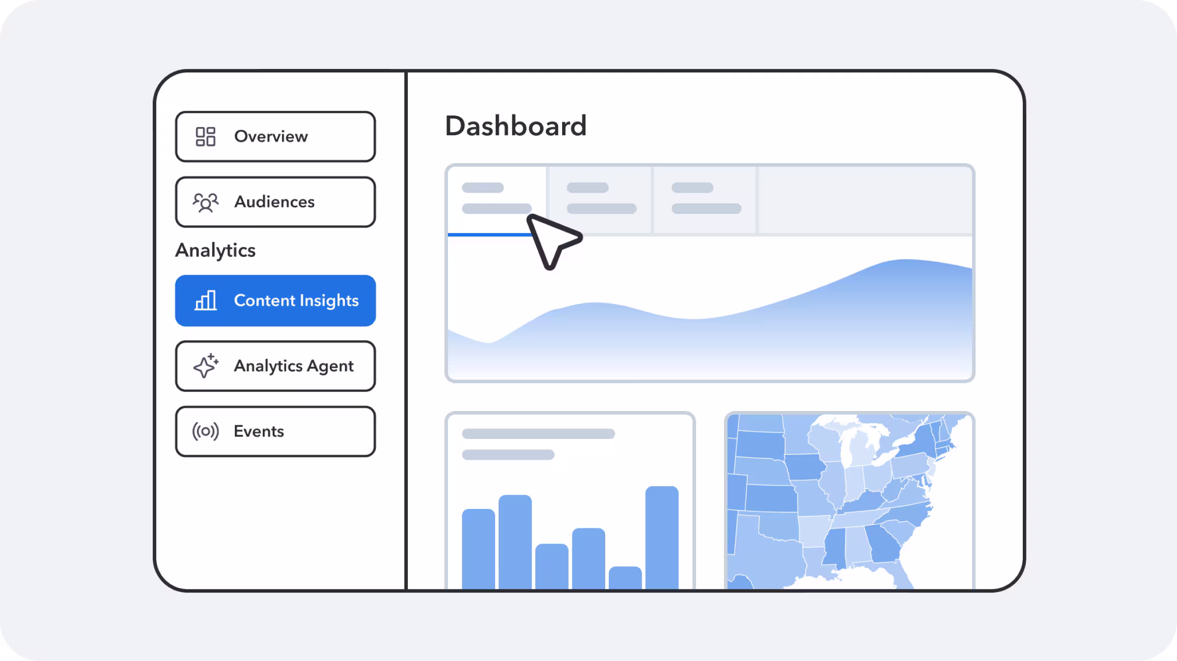 Analytics dashboard UI with sidebar navigation, area chart, bar chart, and a US map showing regional data in blue.
