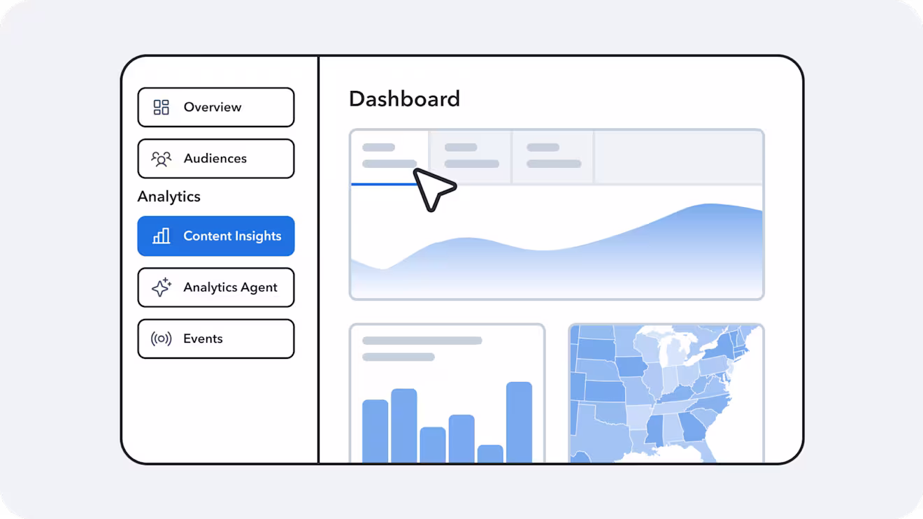 Analytics dashboard UI with sidebar navigation, area chart, bar chart, and a US map showing regional data in blue.
