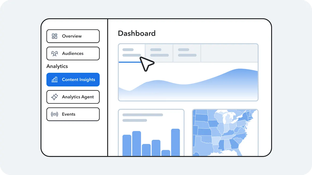 Analytics dashboard UI with sidebar navigation, area chart, bar chart, and a US map showing regional data in blue.