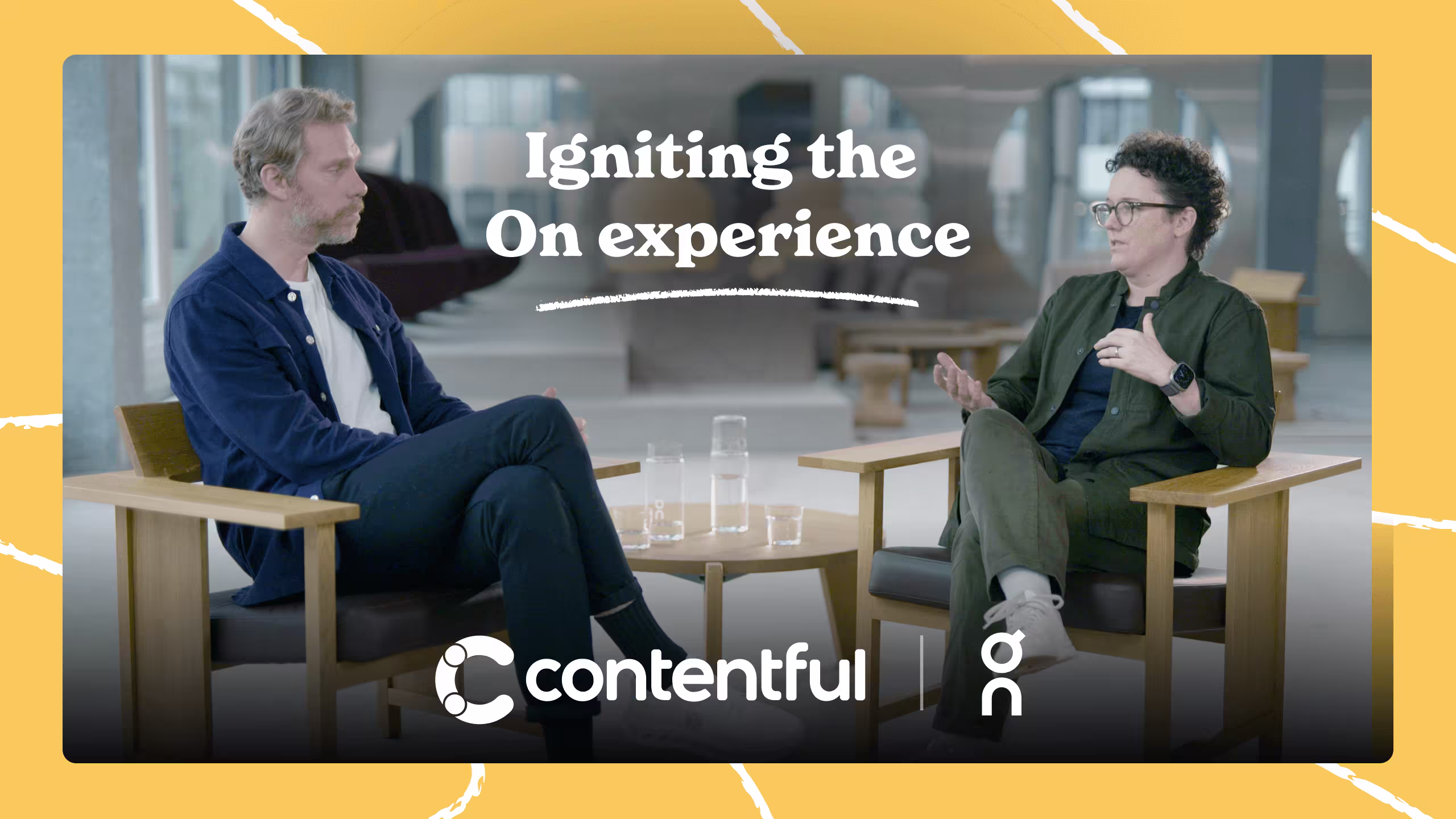 Two people in armchairs discussing the On brand experience with Contentful and On logos