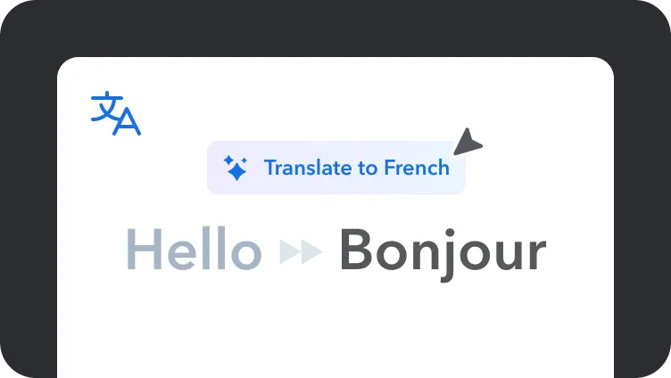 Translation interface showing "Hello" being translated to "Bonjour" in French, with a blue translate button above