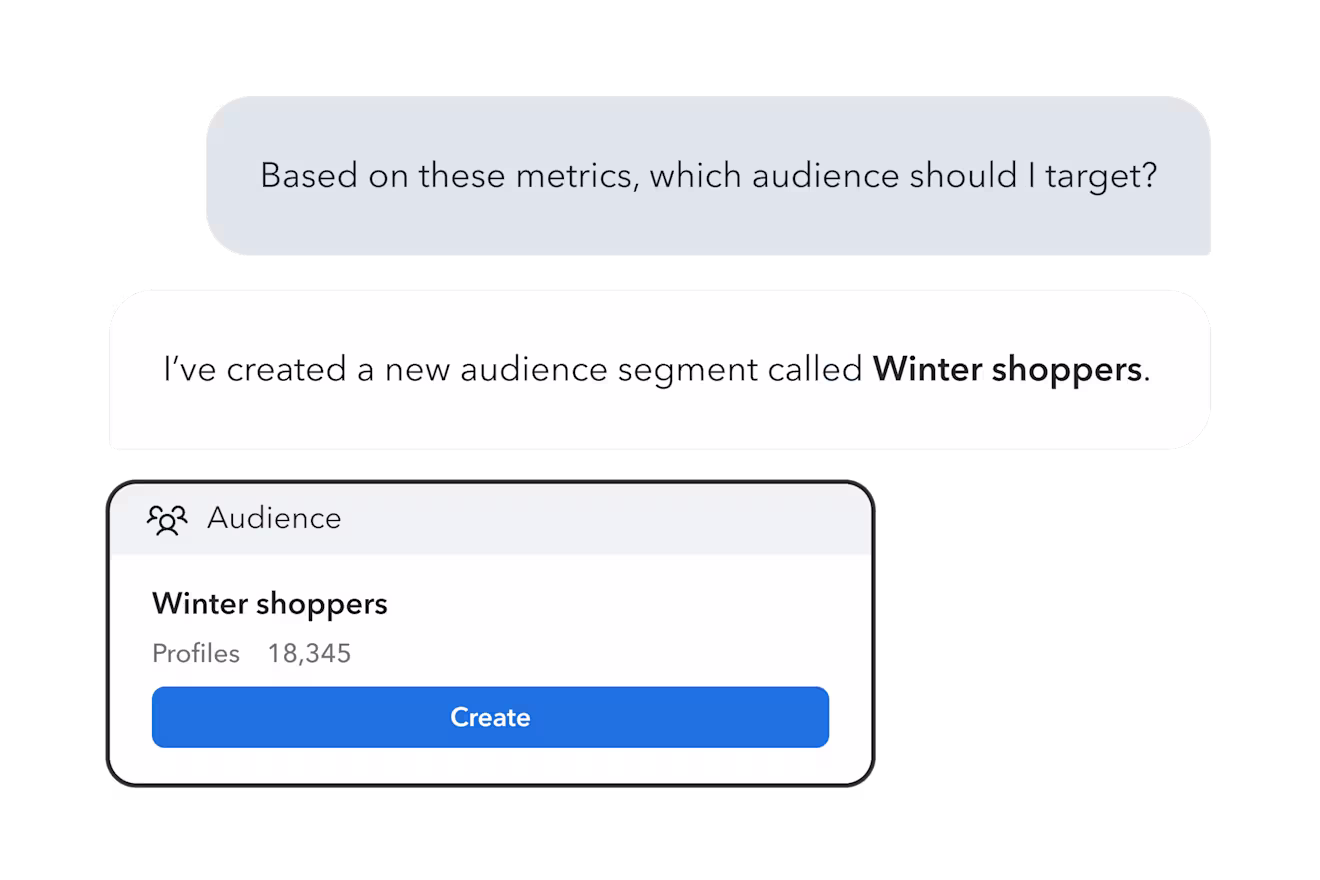 Optimization Agent chat recommending a Winter shoppers audience segment with a Create button.