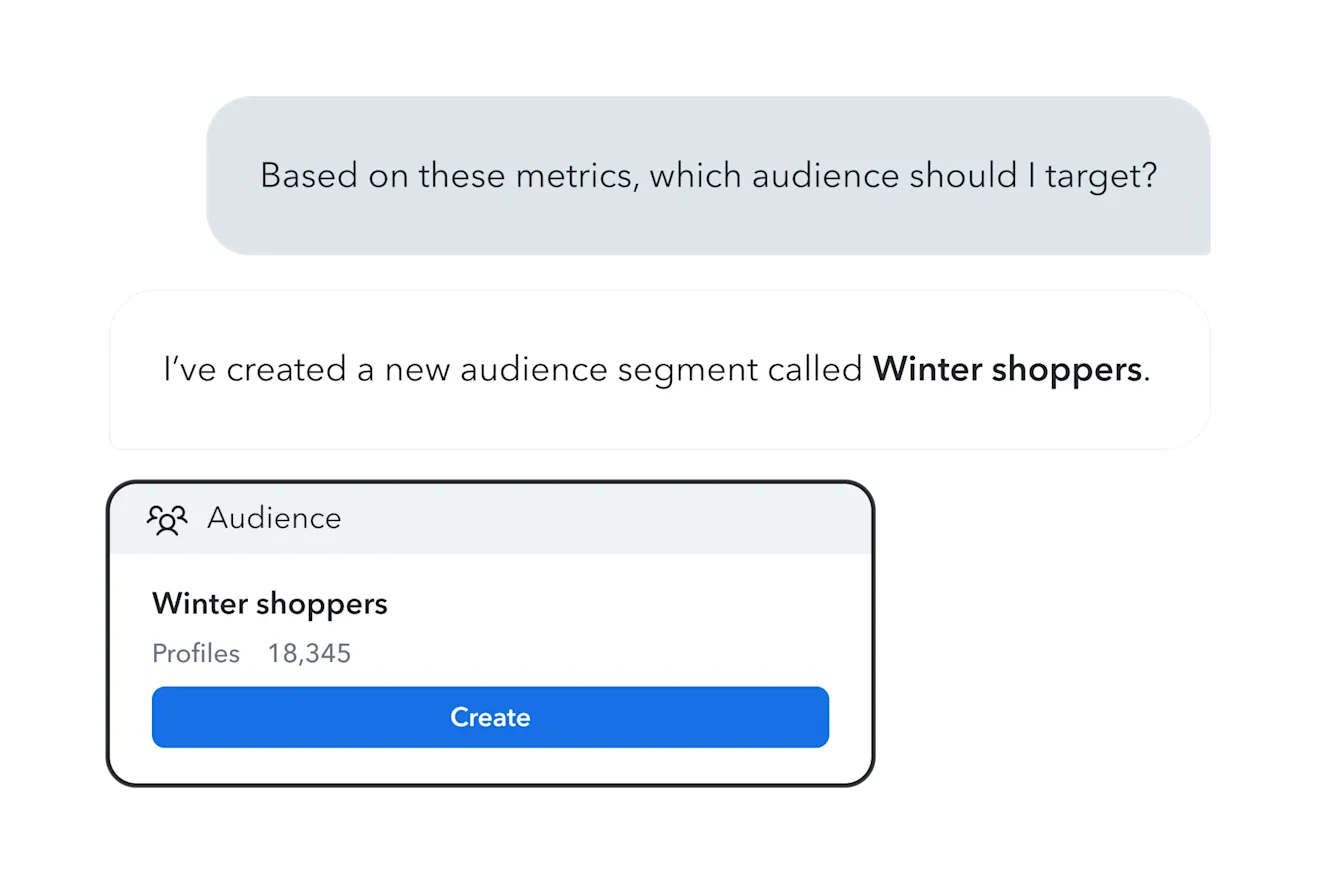 Optimization Agent chat recommending a Winter shoppers audience segment with a Create button.