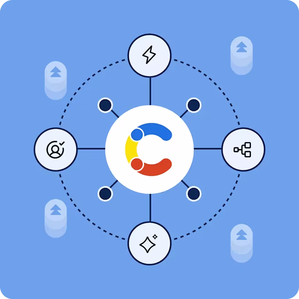 The Contentful logo centered in a hub-and-spoke diagram with icons for lightning, user, hierarchy, and sparkle on a blue background.