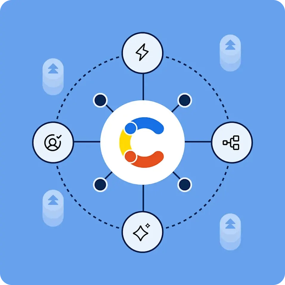 The Contentful logo centered in a hub-and-spoke diagram with icons for lightning, user, hierarchy, and sparkle on a blue background.