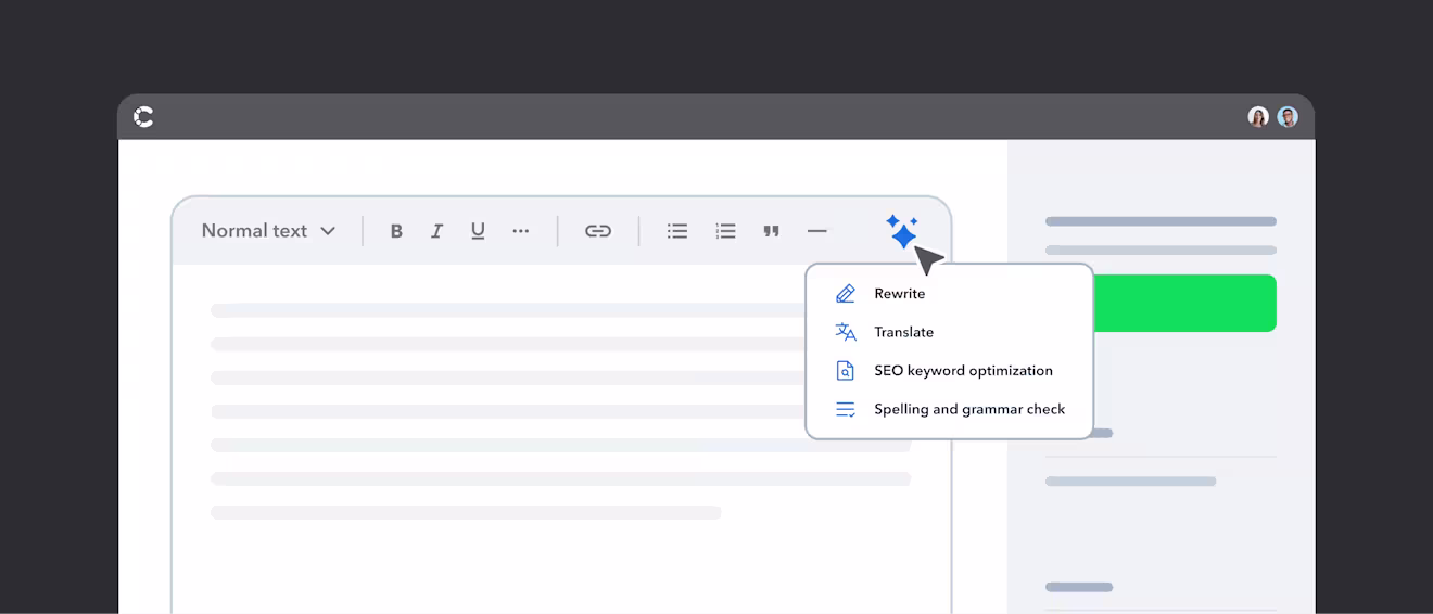 Text editor interface showing AI writing assistant dropdown menu with options for rewrite, translate, SEO optimization, and grammar check