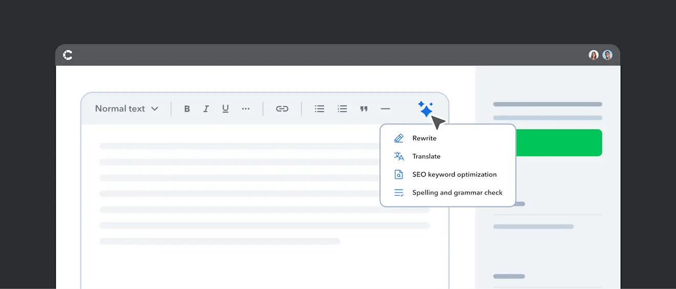 Text editor interface showing AI writing assistant dropdown menu with options for rewrite, translate, SEO optimization, and grammar check