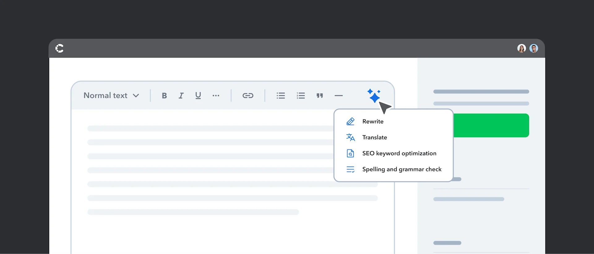 Text editor interface showing AI writing assistant dropdown menu with options for rewrite, translate, SEO optimization, and grammar check