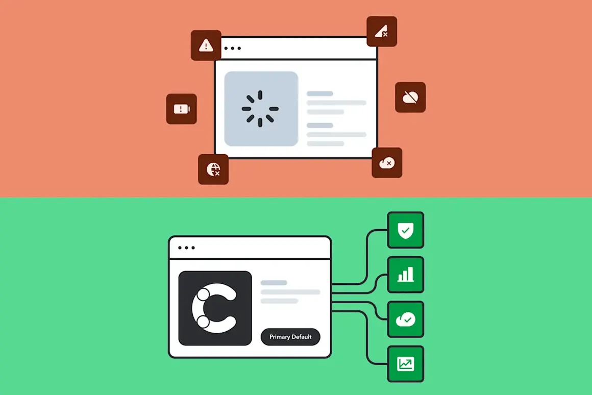 Two panels showing a loading webpage with error icons on red, contrasted with a successful site with green status icons below.