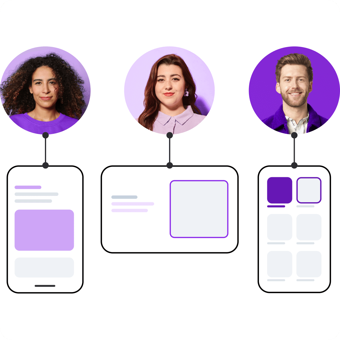 Three profile headshots connected to simplified mobile device interfaces below, using purple color scheme and minimalist design elements