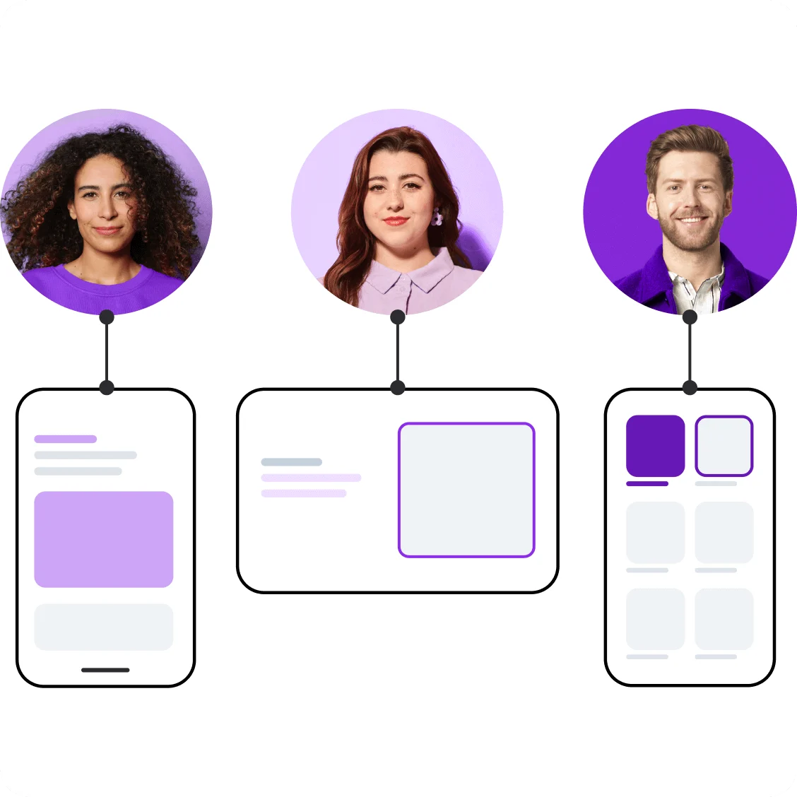 Three profile headshots connected to simplified mobile device interfaces below, using purple color scheme and minimalist design elements