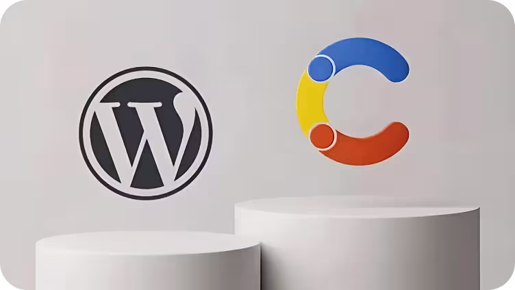 WordPress logo in dark gray and a colorful C-shaped logo in blue, yellow, and orange above two white cylindrical pedestals.