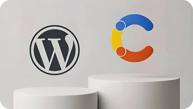 WordPress logo in dark gray and a colorful C-shaped logo in blue, yellow, and orange above two white cylindrical pedestals.