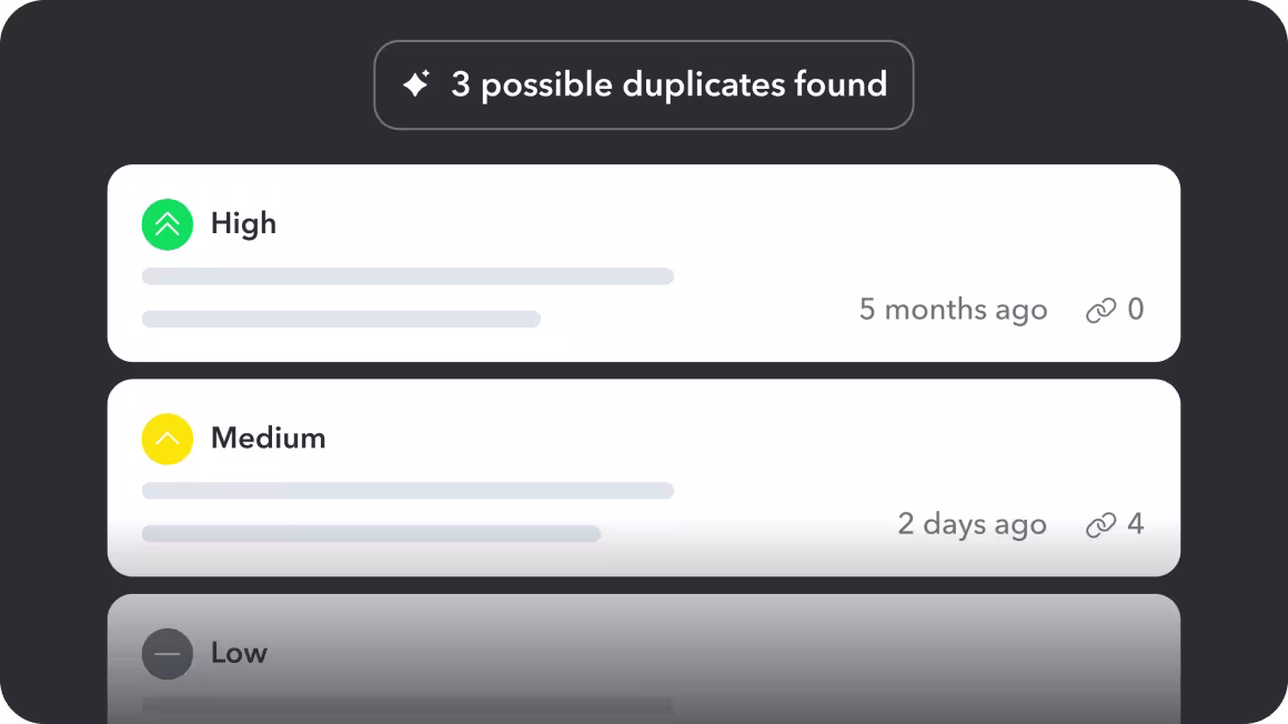 UI showing "3 possible duplicates found" with High, Medium, and Low priority duplicate items listed on a dark background.