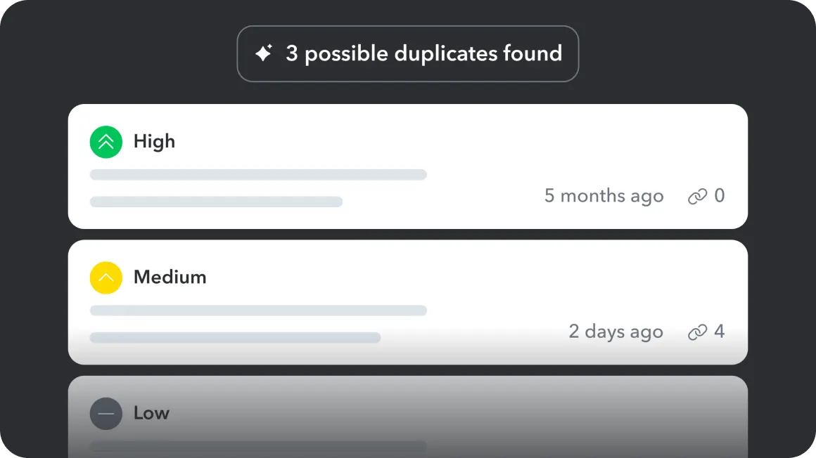 UI showing "3 possible duplicates found" with High, Medium, and Low priority duplicate items listed on a dark background.