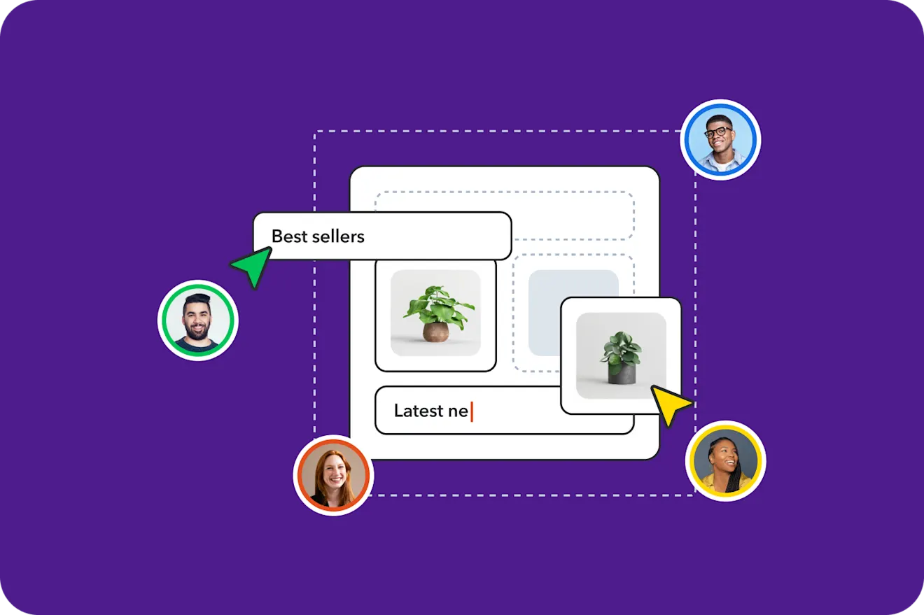 Four diverse people connected by dashed lines to a UI showing best sellers and plant product images on purple background.