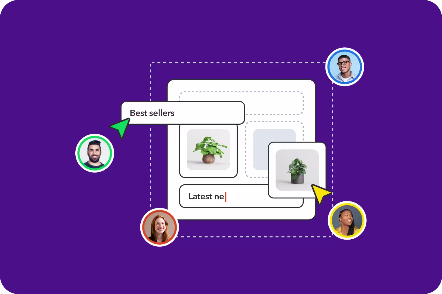 Four diverse people connected by dashed lines to a UI showing best sellers and plant product images on purple background.