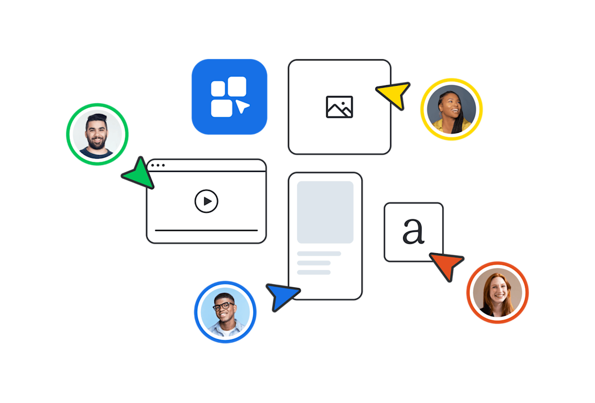Illustration showing content sharing workflow with profile icons connected to media elements like video, text, and images via colored arrows