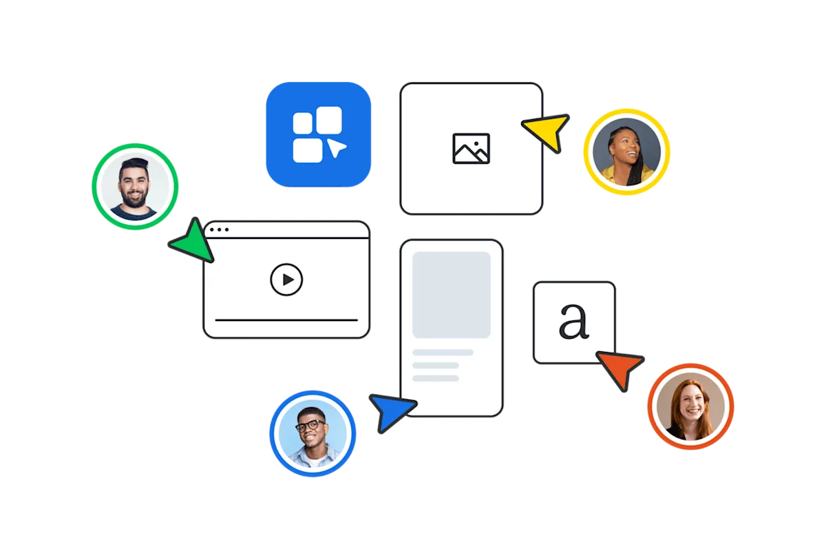 Illustration showing content sharing workflow with profile icons connected to media elements like video, text, and images via colored arrows