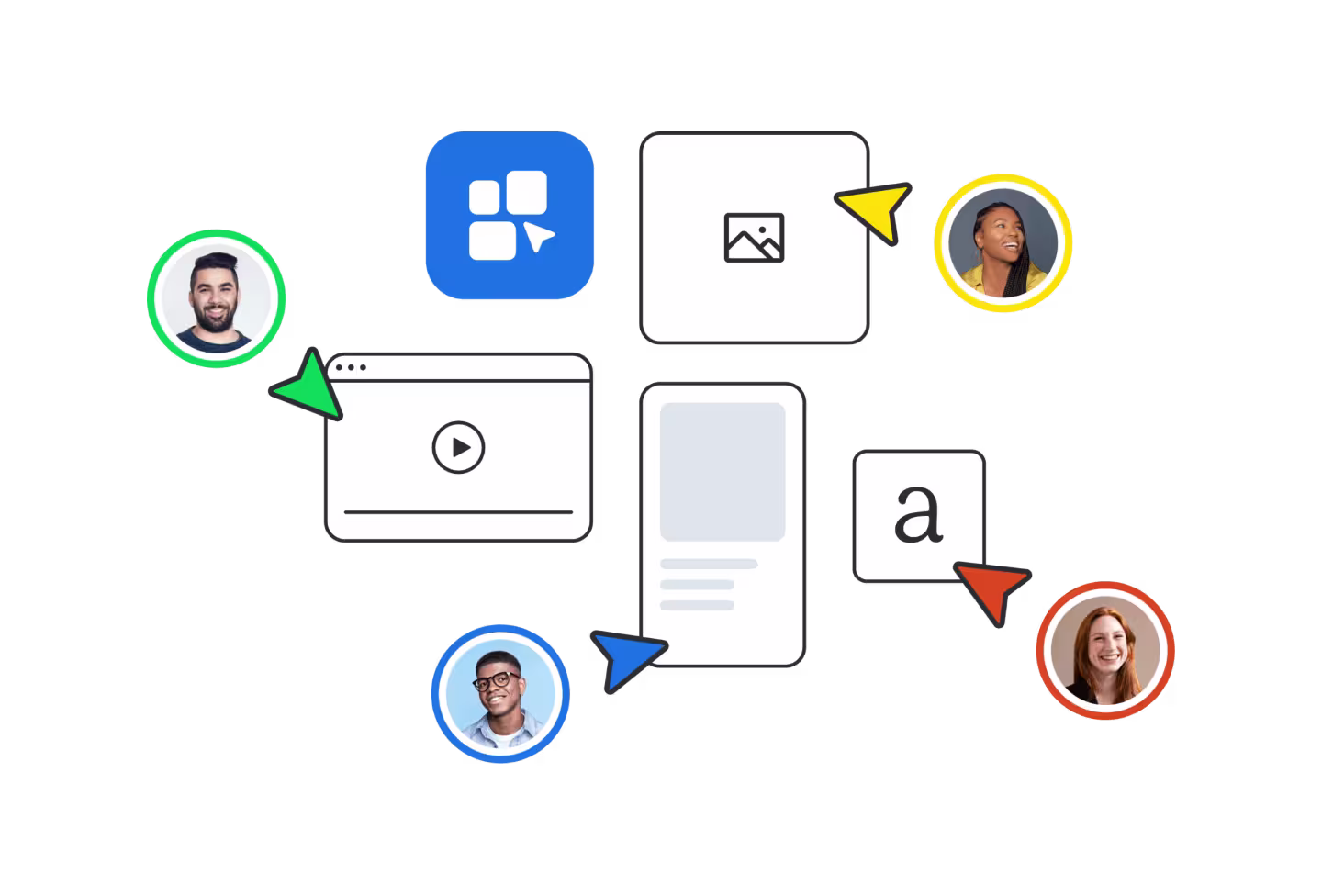 Illustration showing content sharing workflow with profile icons connected to media elements like video, text, and images via colored arrows