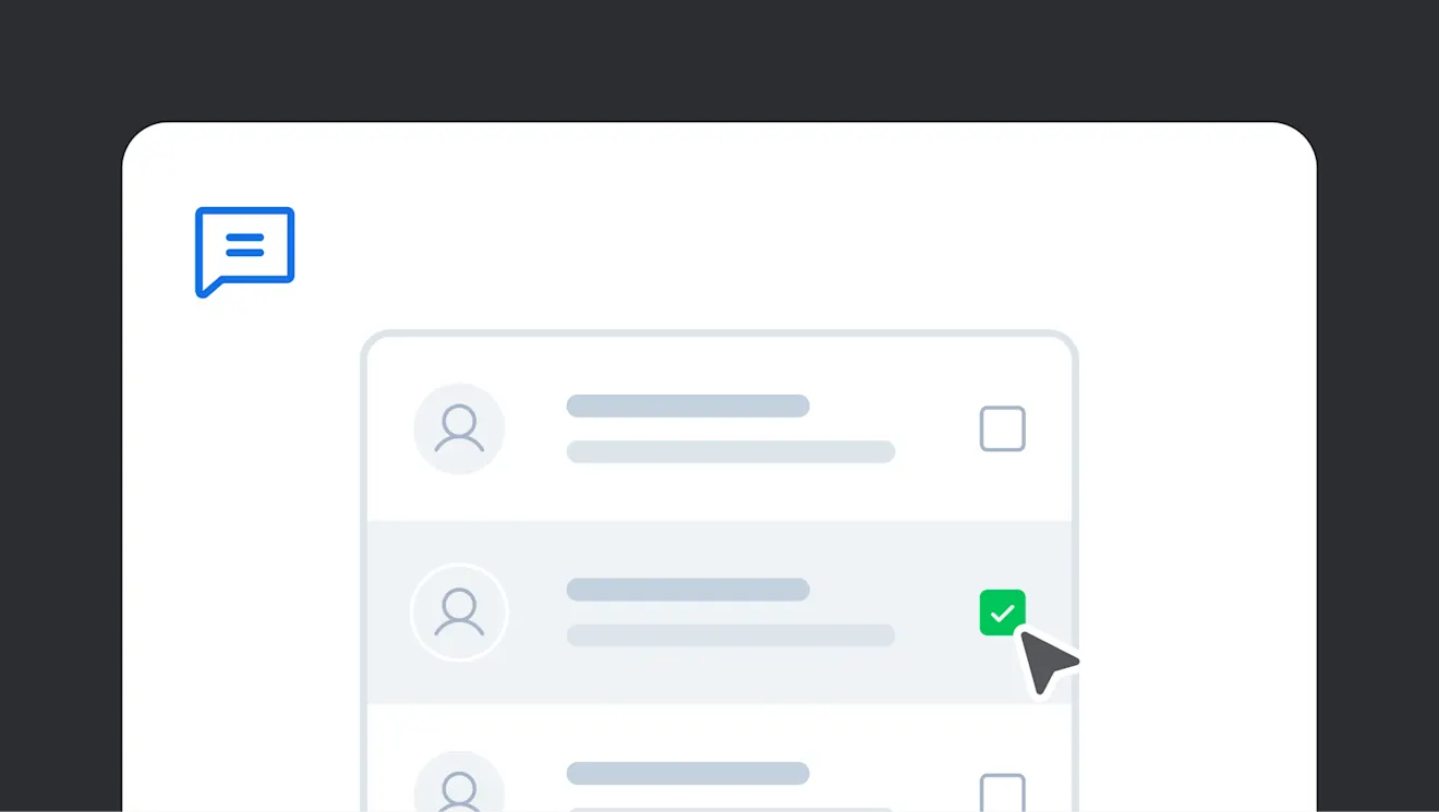 A minimalist UI design showing message bubbles, user avatars, and a blue chat icon at the top, set against a light background.