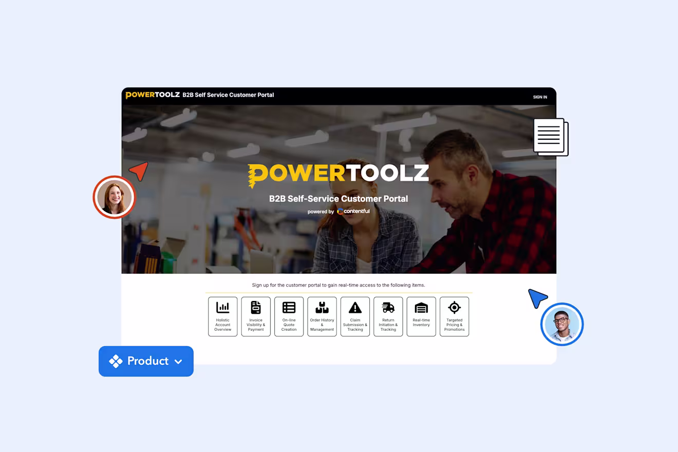PowerToolz B2B customer portal interface showing service icons and features, with collaborator avatars in the corners