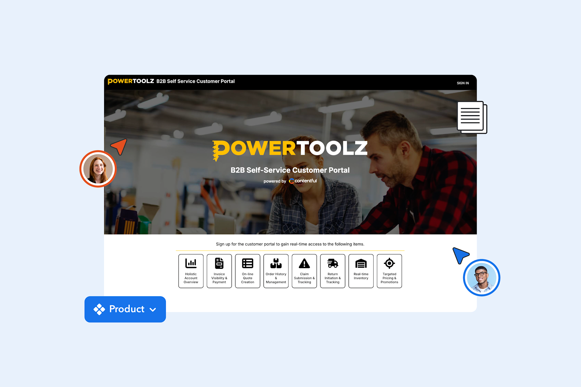 PowerToolz B2B customer portal interface showing service icons and features, with collaborator avatars in the corners